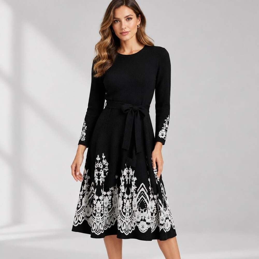 Jessica Howard Sweater Dress Size 1X Black White Floral Border Print